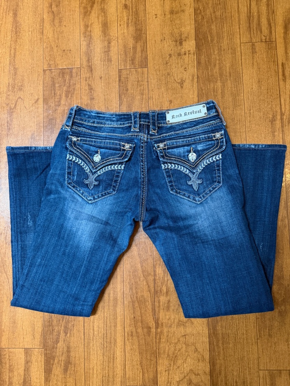 Rock Revival Women's Dark Blue Boot Cut Jeans with Embroidered Pockets